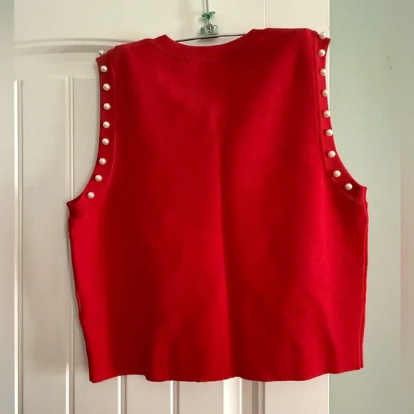 ENTRO Red Sleeveless Top with Pearl Accents - Picture 4 of 4